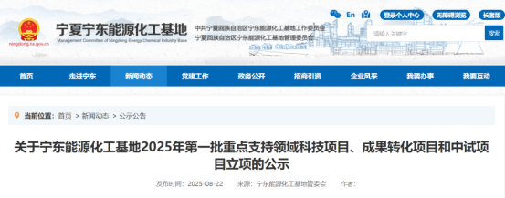 宁东能源化工基地2025年第一批重点支持领域科技项目、成果转化项目和中试项目立项的公示