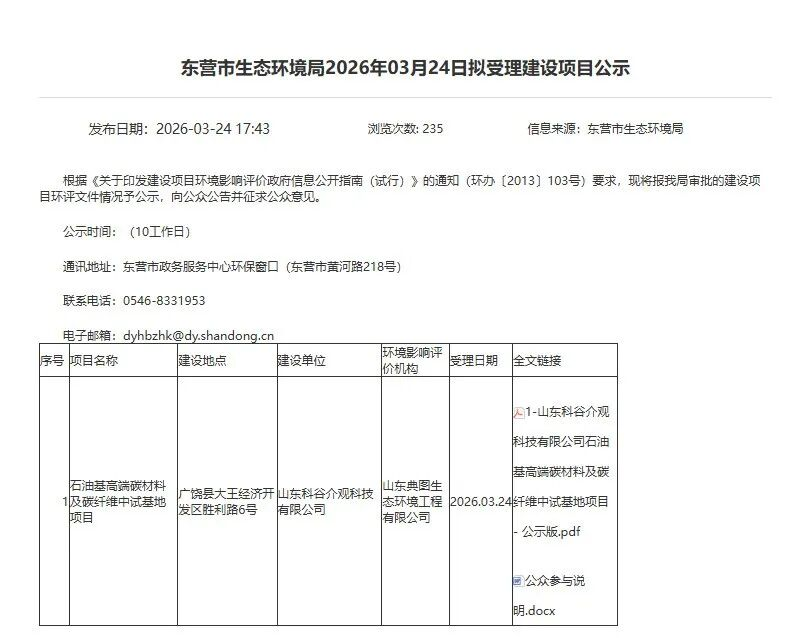 山东科谷介观石油基高端碳材料及碳纤维中试基地项目公示