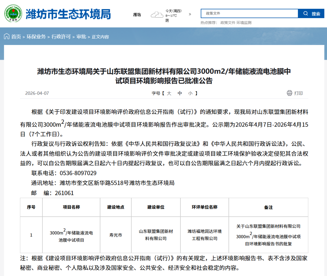 3000m²/年储能液流电池膜中试项目环评批准公告