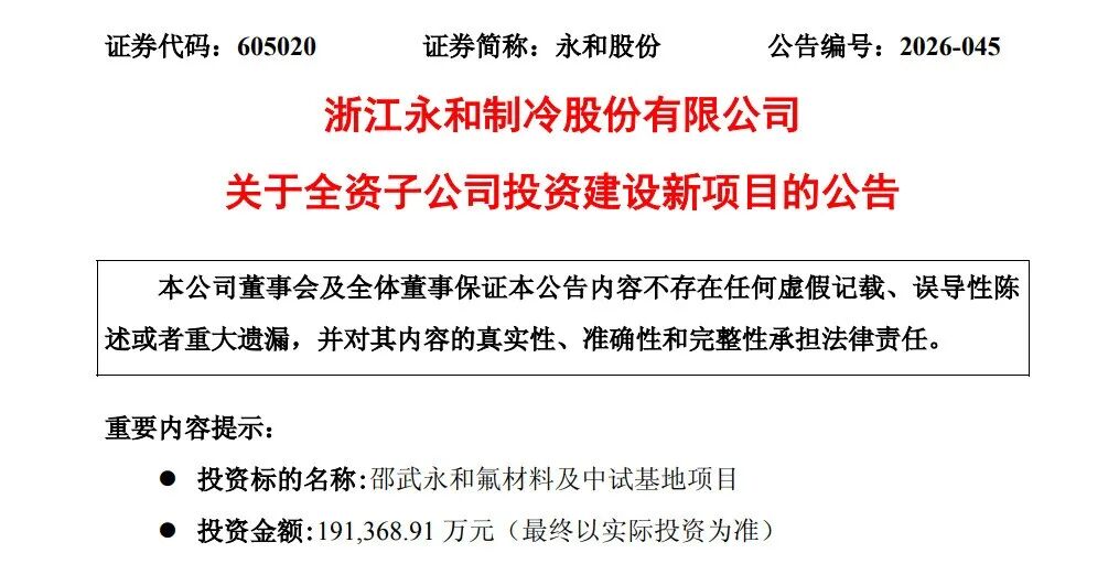 永和股份：拟斥资19.14亿元投建高端氟材料及中试基地项目