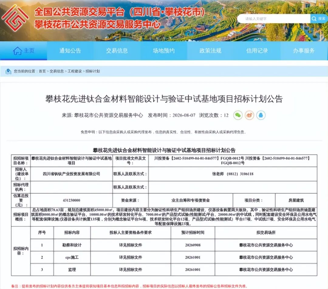 攀枝花投4.3亿建钛合金中试基地！破解高端材料“卡脖子”难题